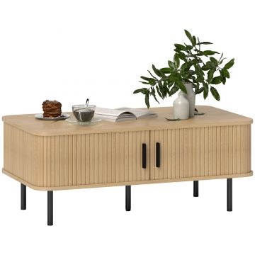 HOMCOM Măsuță de Cafea cu 2 Rafturi pentru Obiecte, Uși Culisante și Măsuță din Lemn și Oțel, 100x55x40 cm, Lemn Natural | Aosom Romania