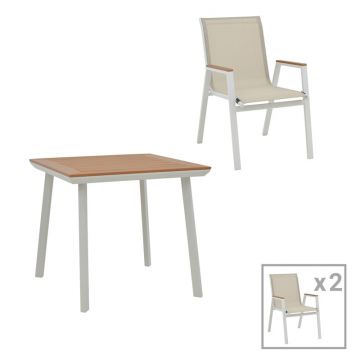 Set de 3 buc masa si scaune de gradina Synergy-Azelie aluminiu alb si placaj culoare naturala 80x80x74 cm