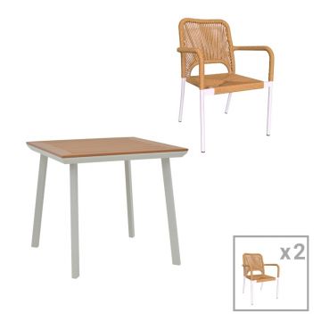 Set de 3 buc masa si scaune de gradina Synergy-Norture aluminiu alb si placaj culoare naturala 80x80x74 cm