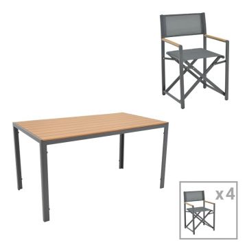 Set de 5 buc masa si scaune de gradina Mabu-Nares aluminiu antracit si placaj culoare naturala 140x80x72.5 cm