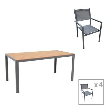 Set de 5 buc masa si scaune de gradina Nares-Moly C aluminiu antracit si plasa cu placaj culoare naturala 180x90x72.5 cm