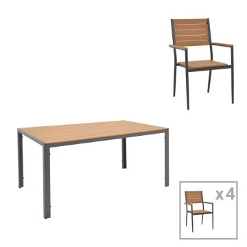 Set de 5 buc masa si scaune de gradina Nares-Vitality aluminiu antracit si placaj culoare naturala 140x80x72.5 cm