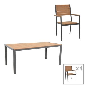 Set de 5 buc masa si scaune de gradina Nares-Vitality aluminiu antracit si placaj culoare naturala 180x90x72.5 cm