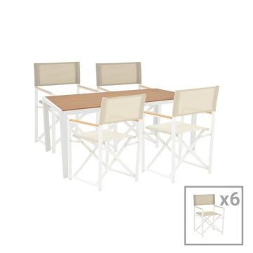 Set de 7 buc masa si scaune de gradina Mabu-Nares aluminiu alb si placaj culoare naturala 180x90x72.5 cm