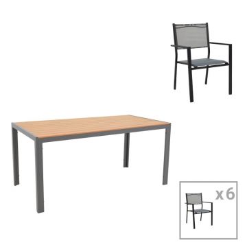 Set de 7 buc masa si scaune de gradina Nares-Moly B aluminiu antracit-negru si placaj in culoare naturala 180x90x72.5 cm