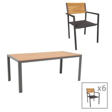 Set de 7 buc masa si scaune de gradina Savor-Nares aluminiu antracit si plywood-ratan culoare naturala 180x90x72.5 cm