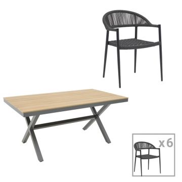 Set de 7 buc masa si scaune de gradina Thorio Freiburg aluminiu antracit si placaj nuanta naturala 160x90x75 cm