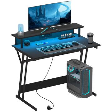 HOMCOM Birou de Gaming cu Lumini LED și Suport pentru Monitor, Masă Gaming cu Port USB și TYPE C, 100x60x88,5 cm, Negru | Aosom Romania