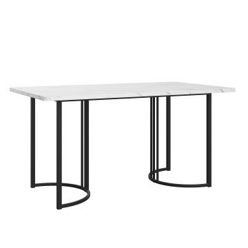 Masă de prânz modernă 140 x 80 cm, cu model de marmură, structură din metal, pentru sufragerie și living, Alb+Negru