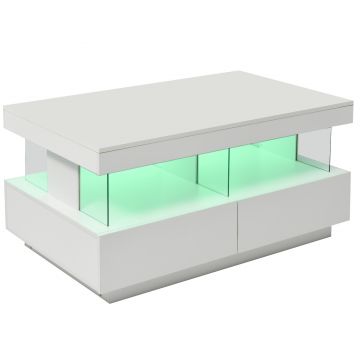 Măsuță de cafea modernă cu iluminare LED și rafturi din acril, 100x60x49,5 cm, albă