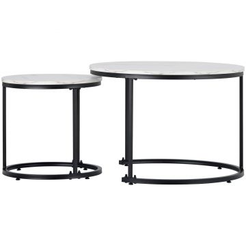 Set de 2 Măsuțe de Cafea Moderne Rotunde Suprapozabile din MDF cu Structură din Metal, Design Economisire Spațiu, 50x70,5 cm+45,5x44 cm, culoare marmură