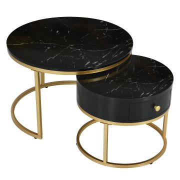 Set de 2 Măsuțe de Cafea Moderne Suprapuse cu Efect de Marmură Lucioasă, Structură din Metal, 70x70x48 cm și 50x50x43,5 cm, Negru