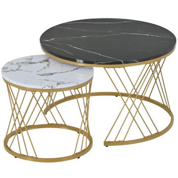 Set de Măsuțe de Cafea Moderne cu Îmbinare, Măsuțe cu Finisaj Efect de Marmură și Structură Metalică Aurie, 70x70x45 cm și 45x45x40 cm, Negru