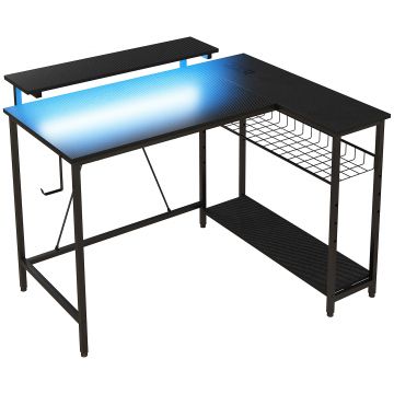 HOMCOM Birou de Gaming în Formă de L cu Lumini LED, Birou de Colț Reversibil cu Rafturi de Depozitare, 107x80x90 cm, Negru | Aosom Romania HOMCOM Birou de Gaming în Formă de L cu Lumini LED, Birou de Colț Reversibil cu Rafturi de Depozitare, 107x80x90 cm, Negru | Aosom Romania