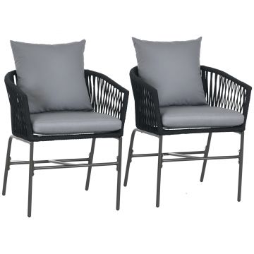 Outsunny Scaune de exterior, set de 2, design boho, perne pentru șezut și spătar, șezut confortabil, cadru metalic, Negru | Aosom Romania Outsunny Scaune de exterior, set de 2, design boho, perne pentru șezut și spătar, șezut confortabil, cadru metalic, Negru | Aosom Romania