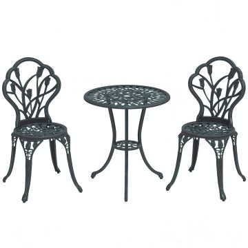 Outsunny Set Mobilier de Grădină 2 Locuri 2 Scaune + Masă Rotundă Fontă de Aluminiu Imitație Fier Forjat Verde | Aosom Romania Outsunny Set Mobilier de Grădină 2 Locuri 2 Scaune + Masă Rotundă Fontă de Aluminiu Imitație Fier Forjat Verde | Aosom Romania