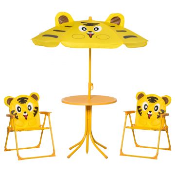 Outsunny Set Mobilier Grădină Copii 4 piese Design Tigrul: Masă rotundă, 2 scaune pliante, umbrelă, metal epoxid galben | Aosom Romania Outsunny Set Mobilier Grădină Copii 4 piese Design Tigrul: Masă rotundă, 2 scaune pliante, umbrelă, metal epoxid galben | Aosom Romania