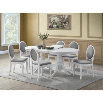 Set Masa extensibila NICE, lemn masiv, ovala, alb 150 190x90x76 cm + 6 Scaune living BENONI, alb + gri, 44.5x50.5x92 cm Set Masa extensibila NICE, lemn masiv, ovala, alb 150 190x90x76 cm + 6 Scaune living BENONI, alb + gri, 44.5x50.5x92 cm